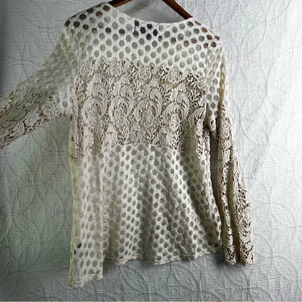 Sunday in Brooklyn Tunic Top Womens Large Crochet Cotton Sheer Lace Cream Shirt